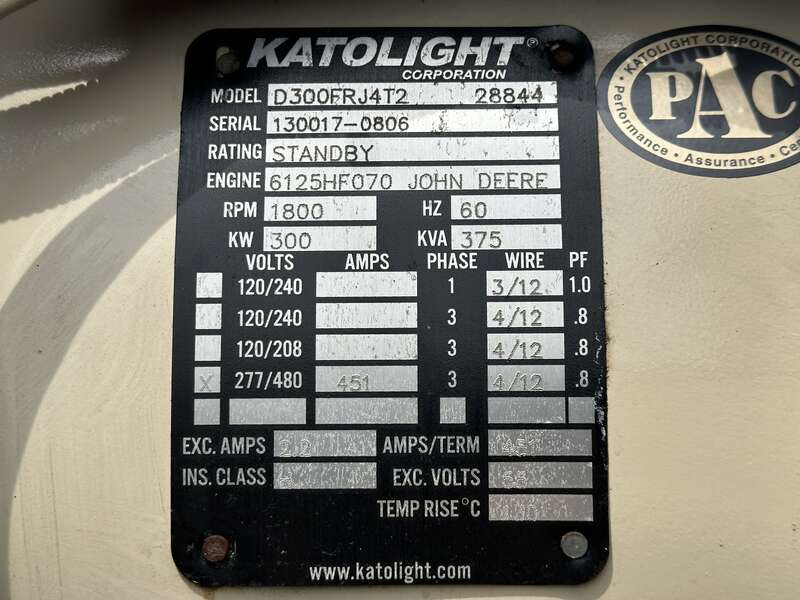 Used Katolight D300FRJ4T2 John Deere 6125HF070 Diesel Generator, 739 Hrs, EPA Tier 2