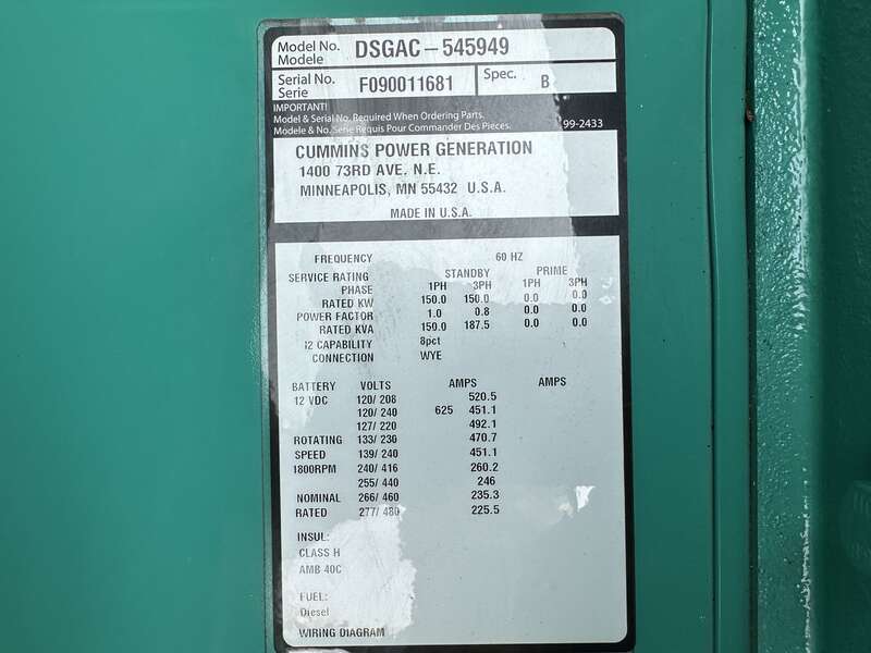 Used Cummins DSGAC QSB7-G3 NR3 Diesel Generator, 182 Hrs, EPA Tier 3