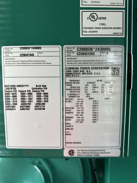 New Cummins C2000D6E QSK50-G24  Diesel Generator, EPA Tier 2