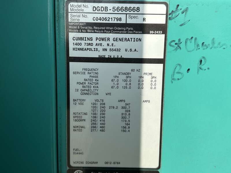 Used Cummins DGDB 6BT5.9-G6 Diesel Generator, 561 Hrs