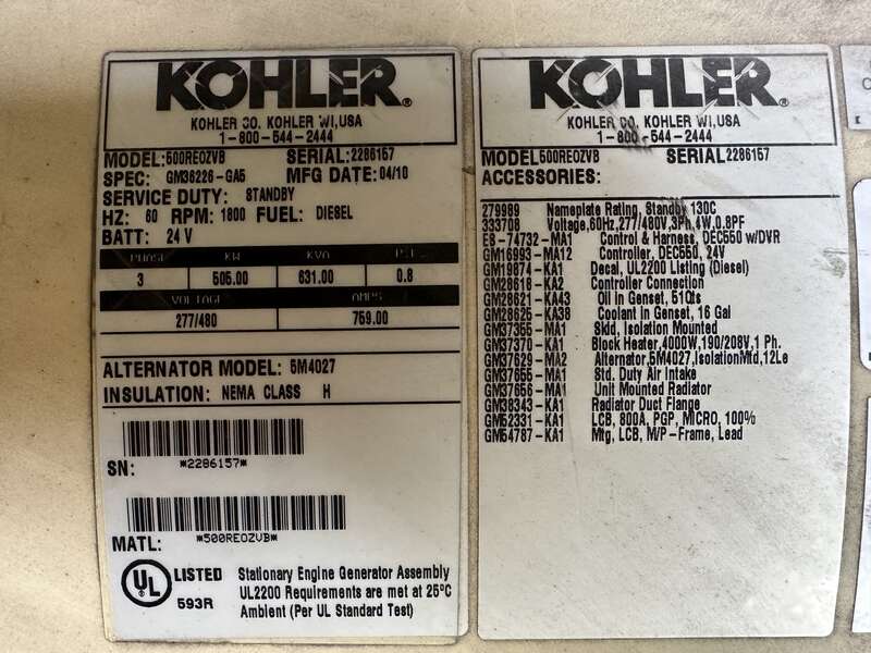 Used Kohler 500REOZVB TWD1643GE Diesel Generator, 412 Hrs, EPA Tier 2