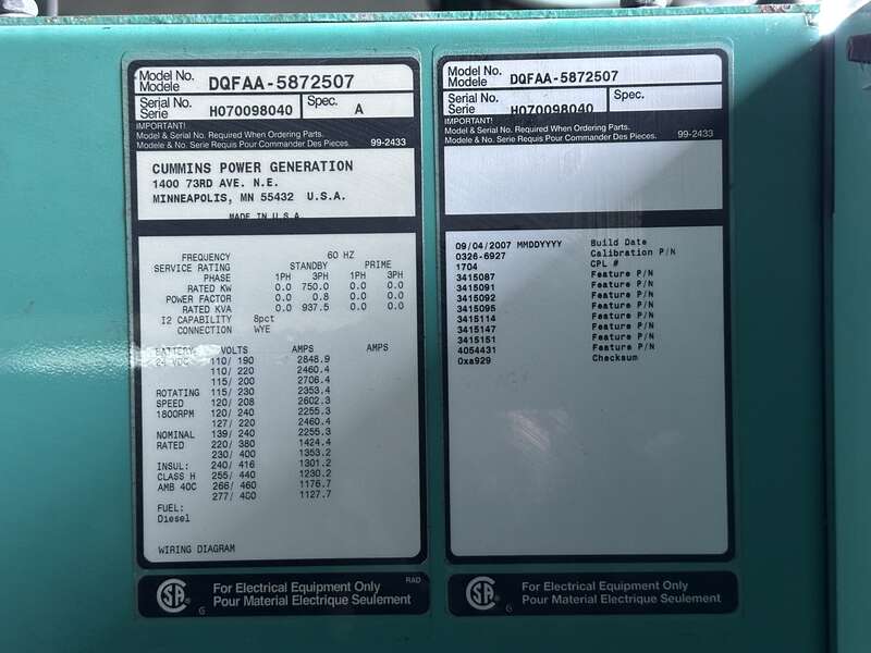 Used Cummins DQFAA QST30-G5 NR2 Diesel Generator, 792 Hrs, EPA Tier 2