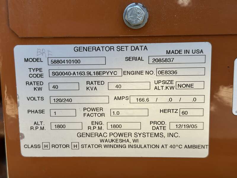 Used Generac SG040 LP Gas Generator, 64 Hrs Single Phase