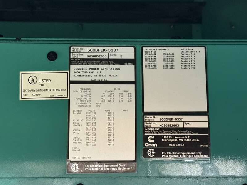 Cummins DFEK QSX15-G9 NR2 Diesel Generator, 843 Hrs, EPA Tier 2
