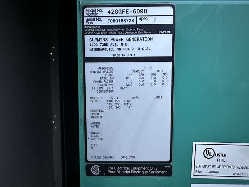 Used Cummins GGFE Natural Gas / Propane Generator, 151 Hrs