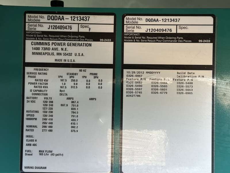Used Cummins DQDAA QSL9-G7 Diesel Generator, 193 Hrs, EPA Tier 3