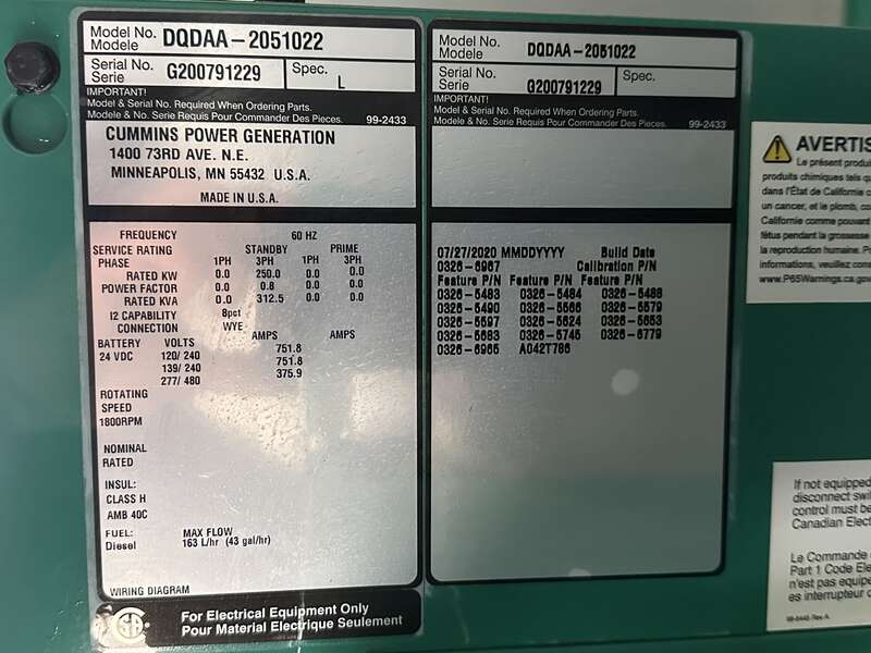 Used Cummins DQDAA QSL9-G7 Diesel Generator, 44 Hrs, EPA Tier 3