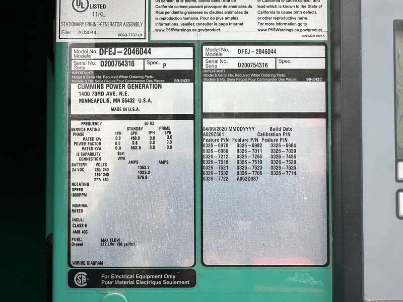 Used Cummins DFEJ QSX15-G9 NR2 Diesel Generator 38 Hrs EPA Tier 2