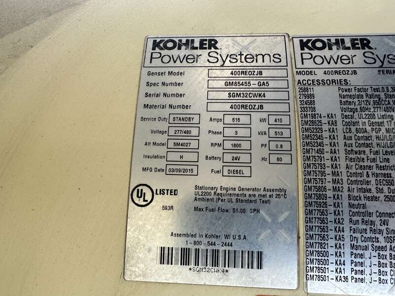 Used Kohler 400REOZJB John Deere 6135HFG84A Diesel Generator, 190 Hrs, EPA Tier 3
