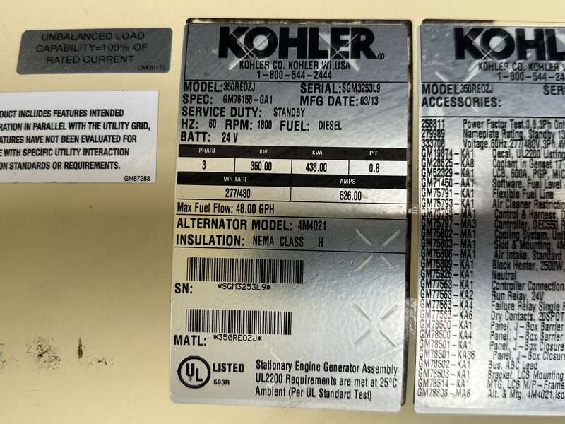 Used Kohler 350REOZJ John Deere 6135HF485 Diesel Generator, 261 Hrs, EPA Tier 3