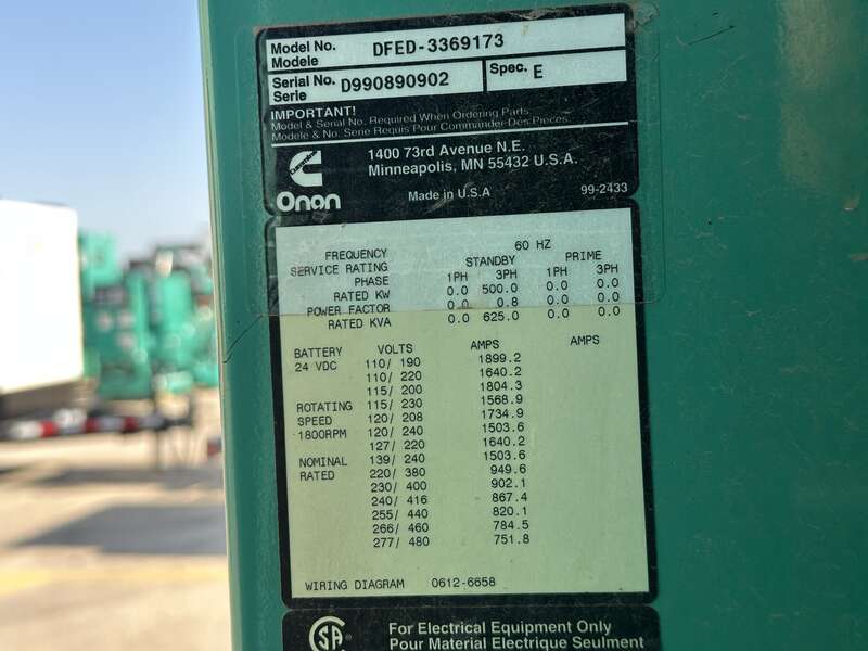 Used Cummins DFED KTA19-G4 Diesel Generator, 598 Hrs