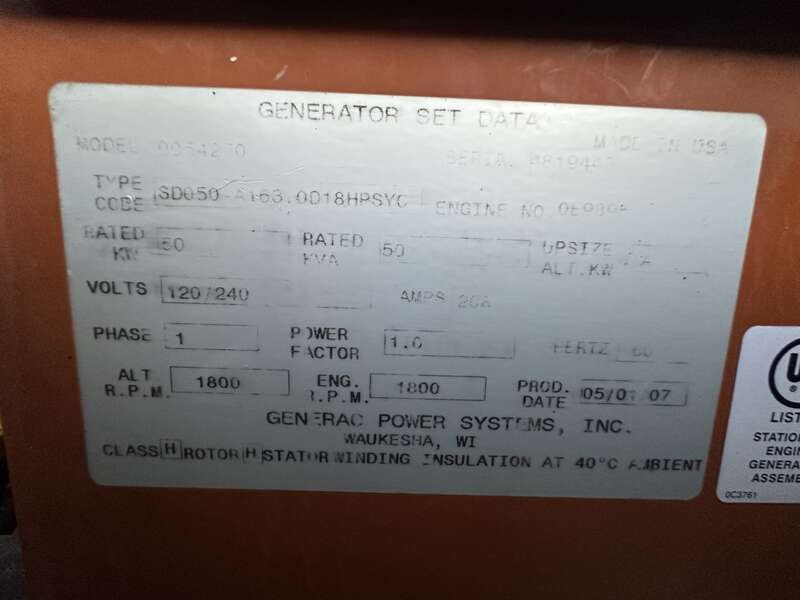 Used Generac SD050 Diesel Generator, 831 Hrs, EPA Tier 2, Single Phase